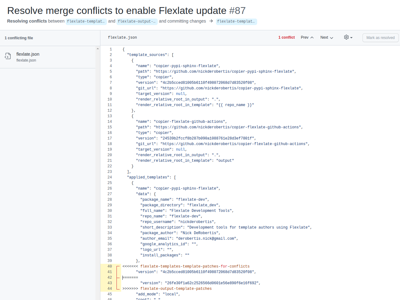 The Github UI to resolve merge conflicts